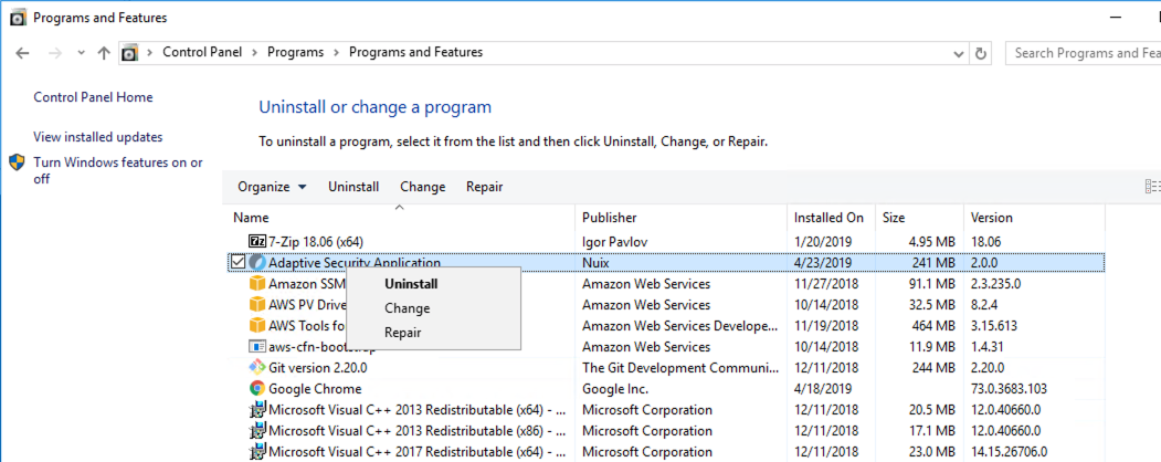 Uninstalling the Nuix Adaptive Security application.